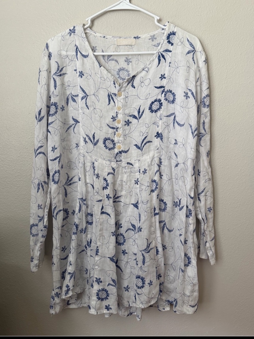 CP Shades Linen White and Blue Floral Long-Sleeve Tunic Dress M Resortwear Vacay